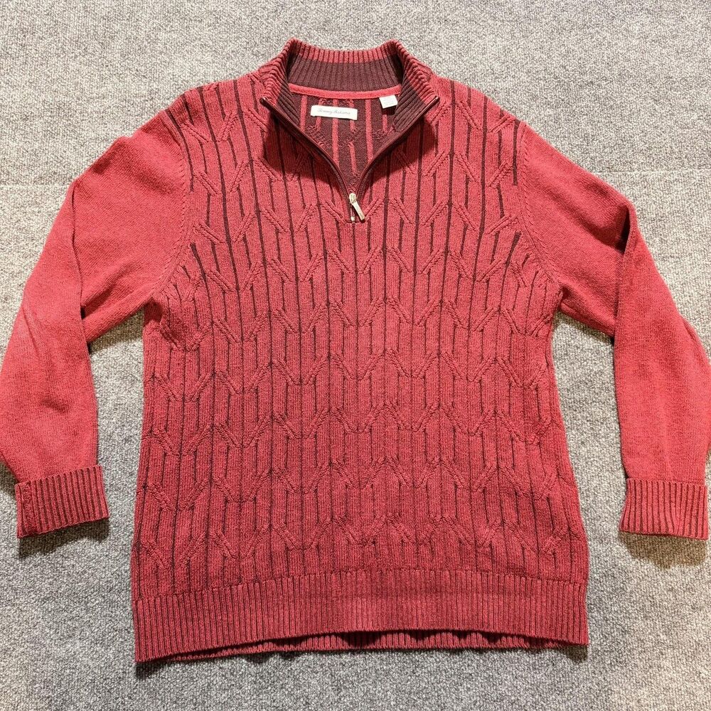 Tommy Bahama Sweater Mens Large Red Mock Neck 1/4 Zip Knit Geometric Pullover